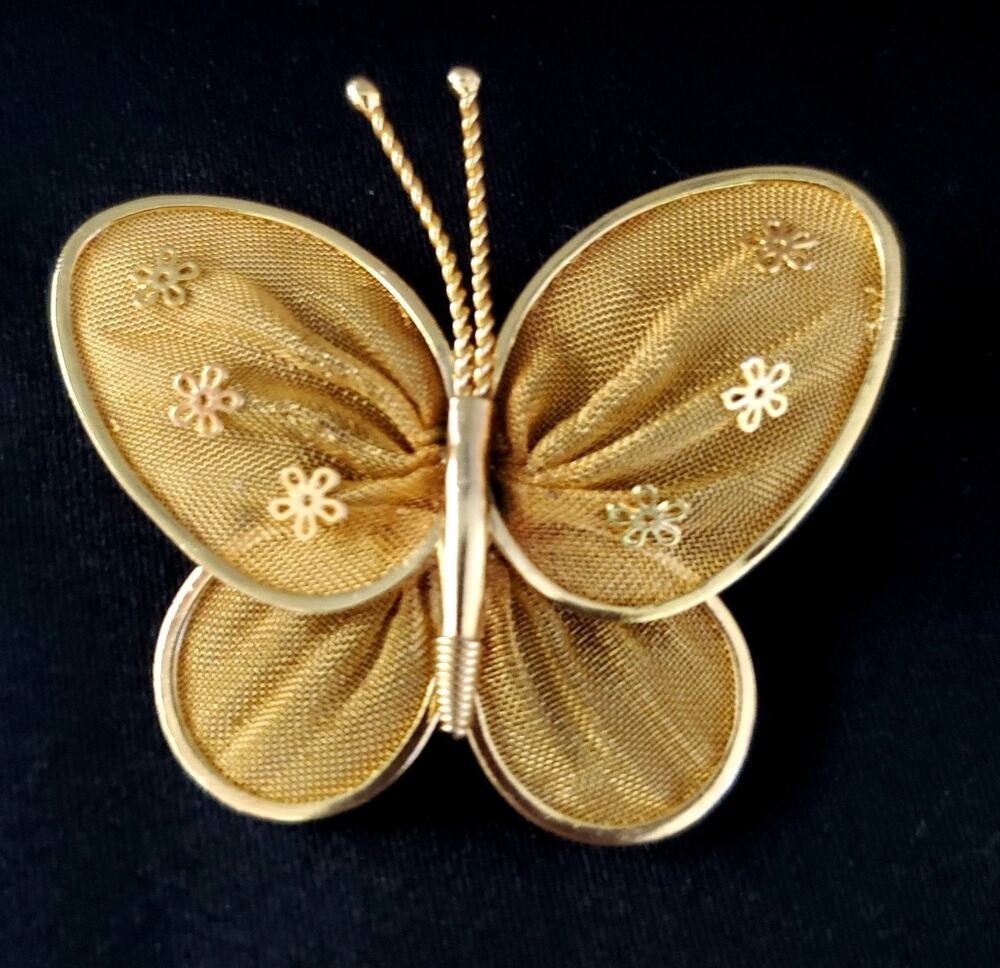 Vintage Gold-Tone Metal Mesh Brooch Pin Butterfly Flowers Design Handmade